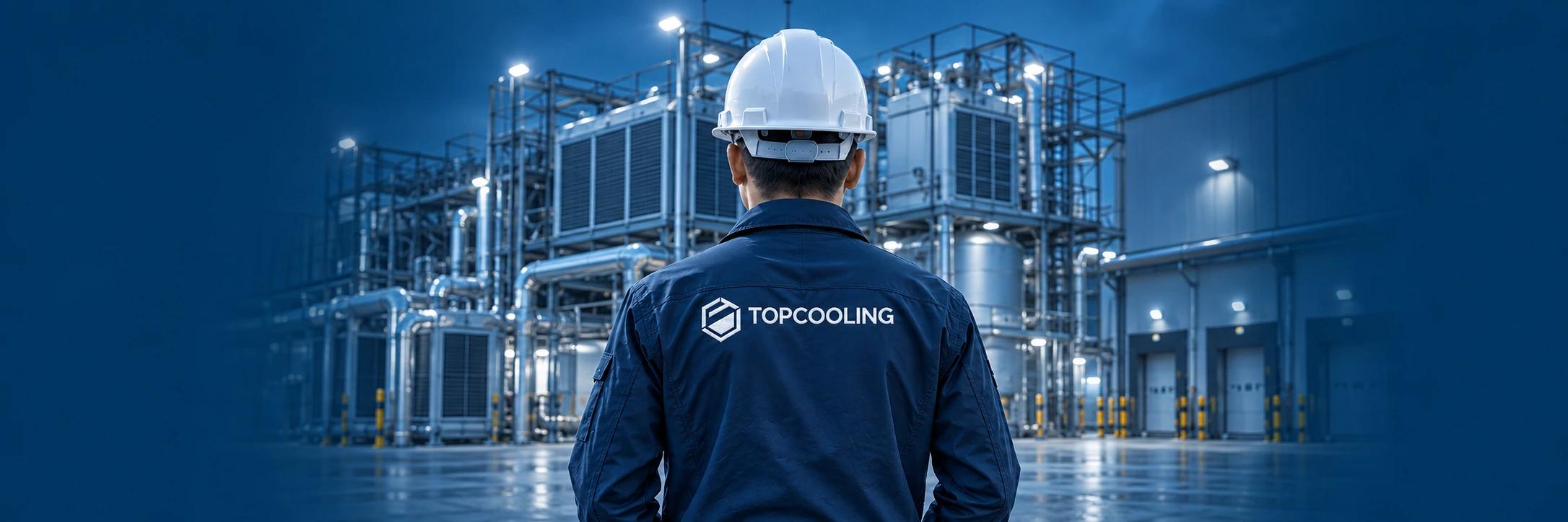 วิศวกรสวมเสื้อช็อป TOPCOOLING ภายในโรงงานระบบความเย็น